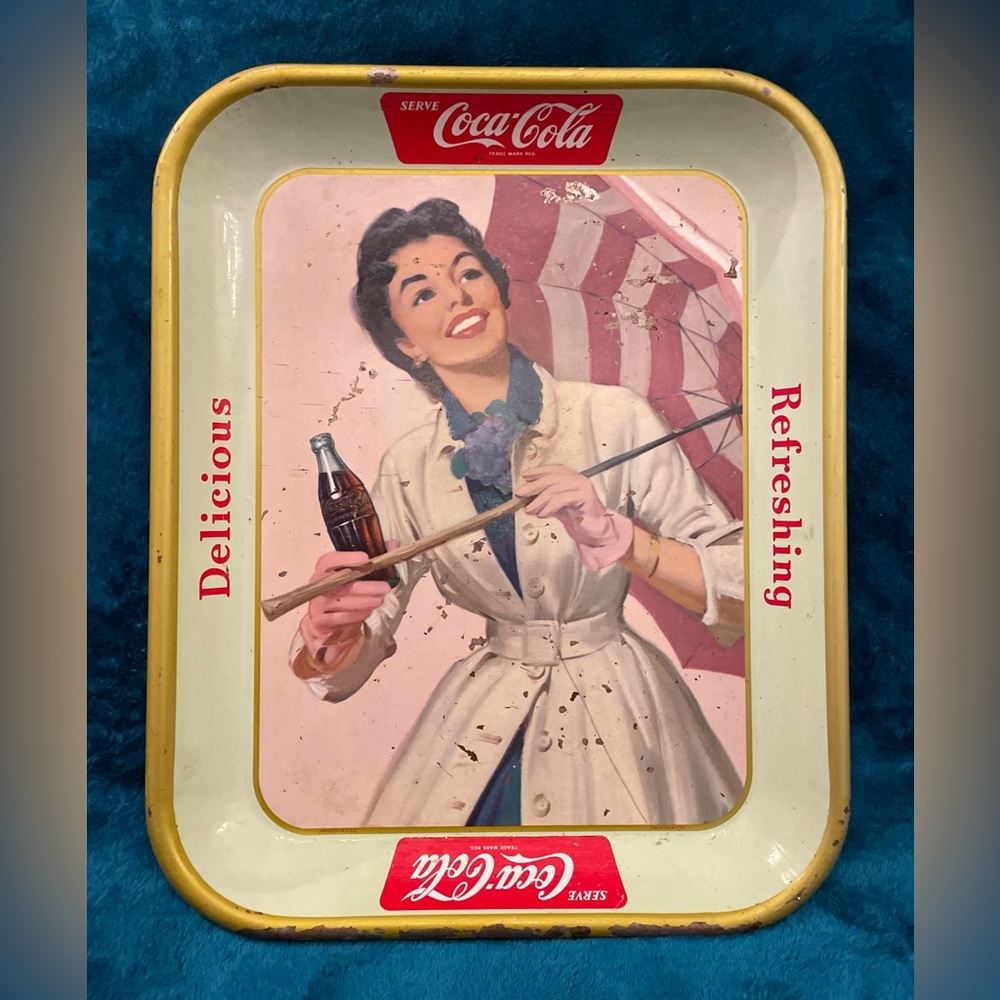 Vintage, 1957, enamel, Coca Cola, tray with the 'Umbrella Girl' on it.